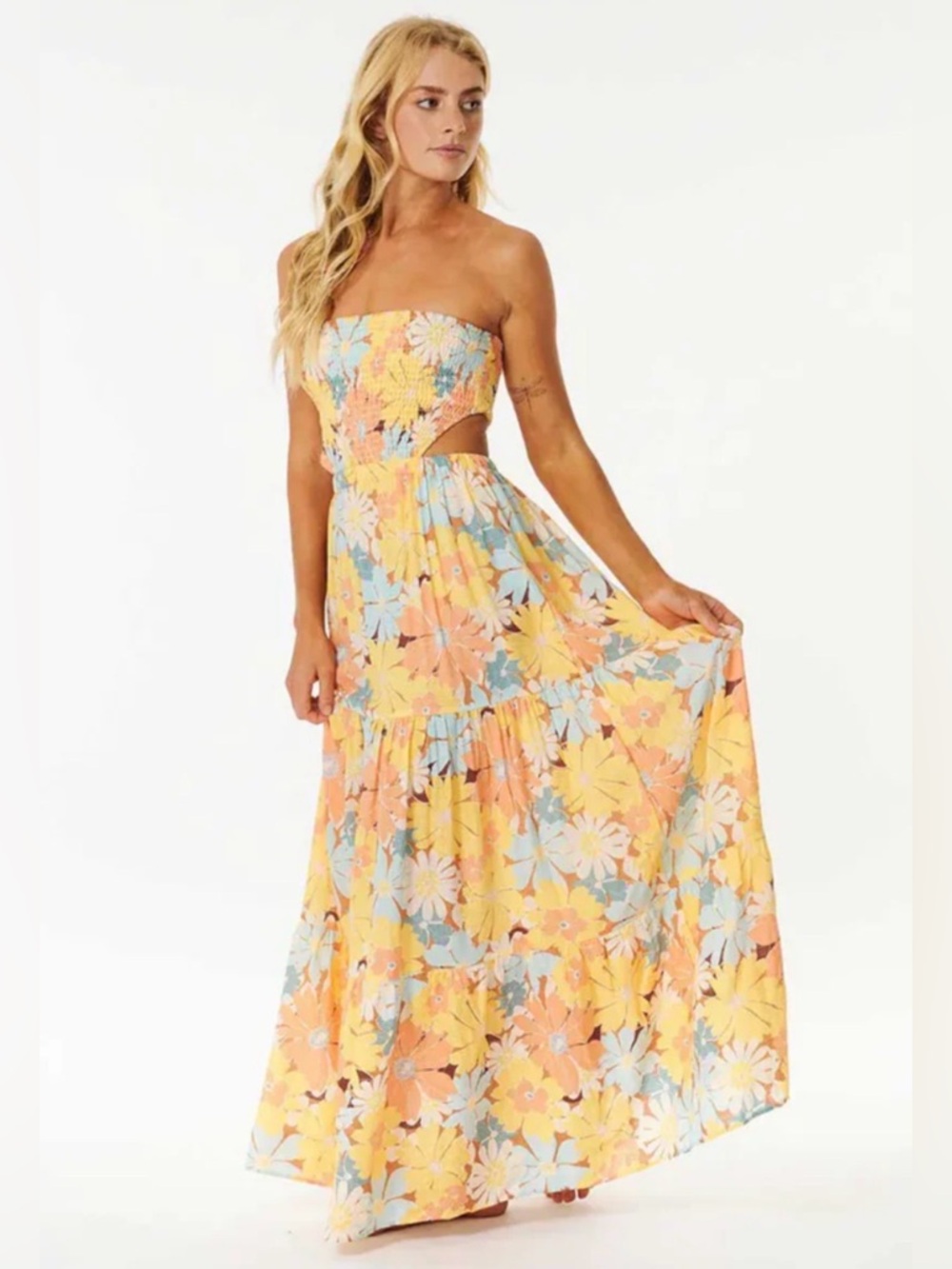 Rip Curl Strapless Cutout Floral Maxi Dress Smocked Bodice Size M
